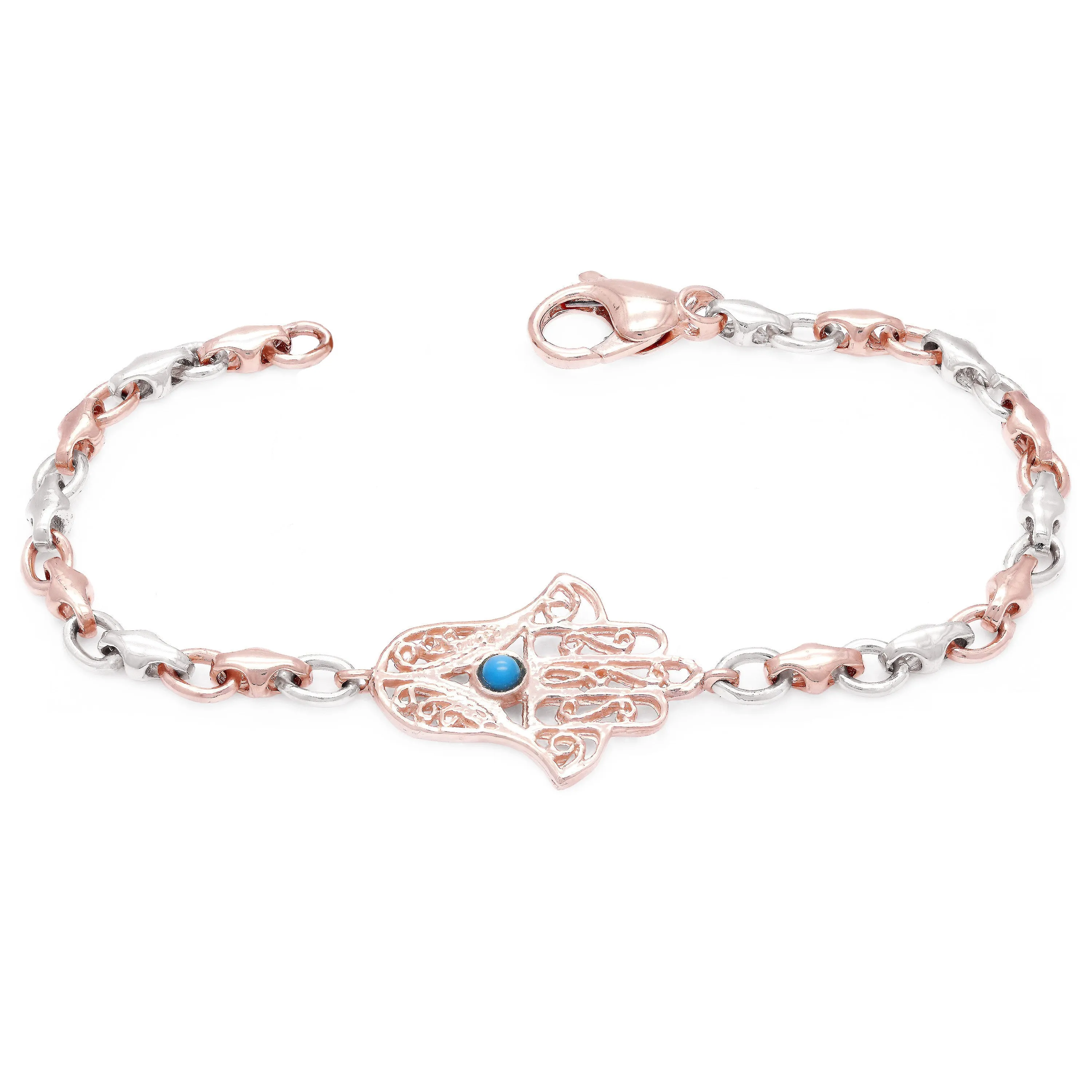 10k Two Tone Gold Hand of Fatima Hamsa Charm Bracelet with Turquoise Various Lengths