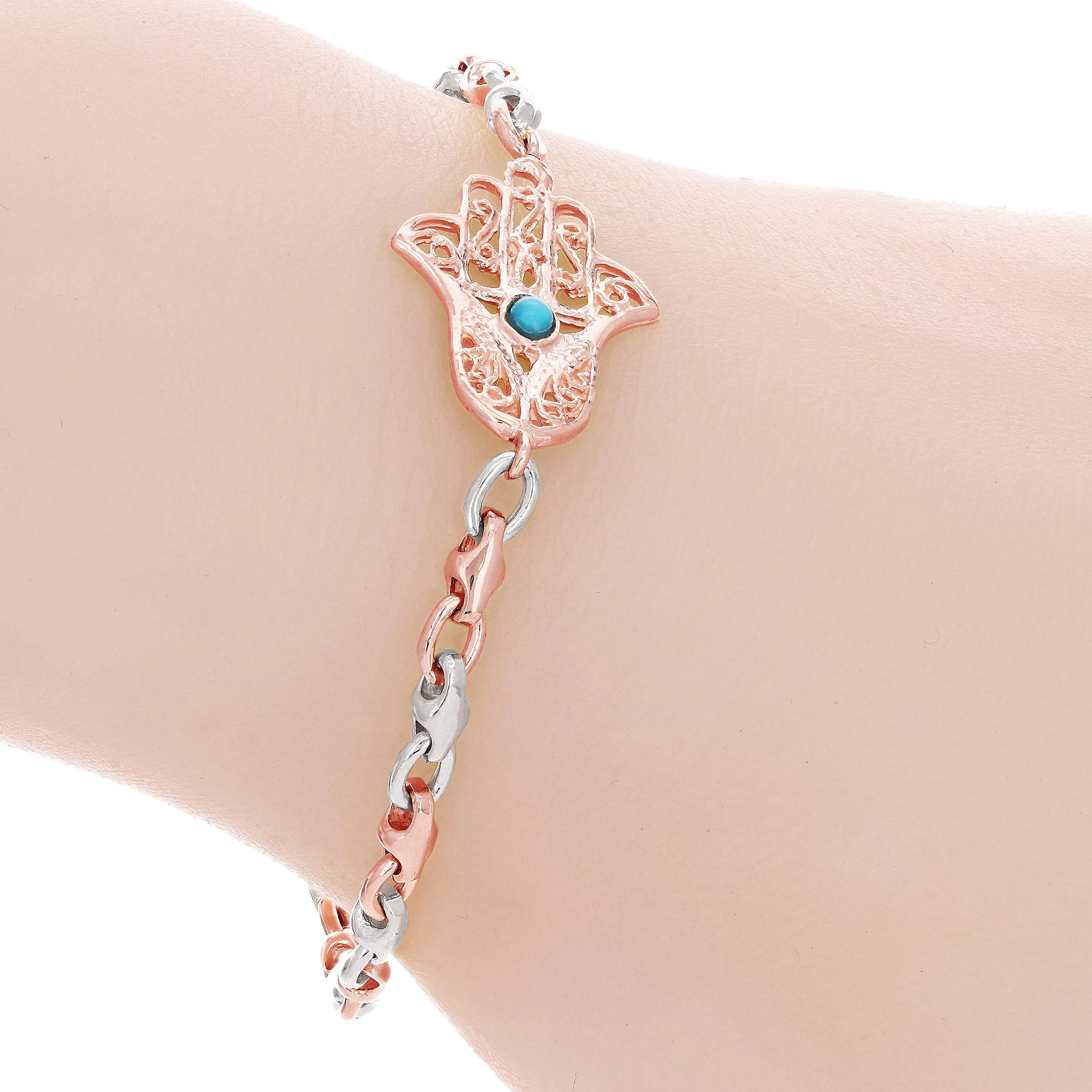 10k Two Tone Gold Hand of Fatima Hamsa Charm Bracelet with Turquoise Various Lengths
