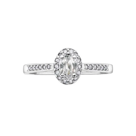 10K White Gold (April) Birthstone White Zircon and Diamond Halo Ring