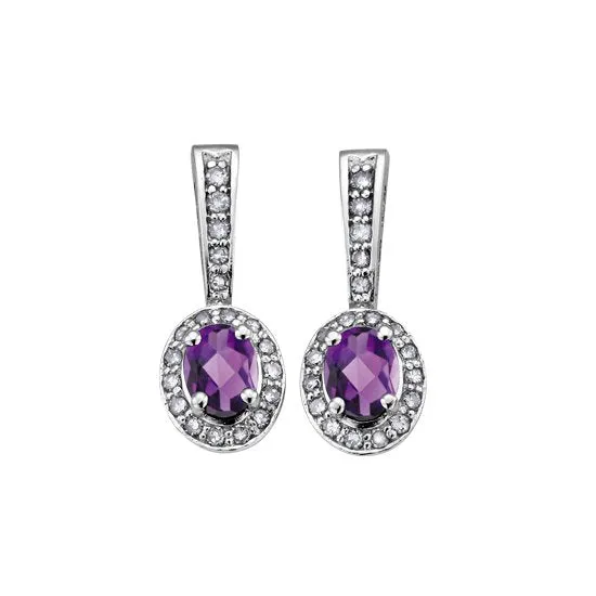 10K White Gold (February) Birthstone Amethyst and Diamond Dangle Earrings