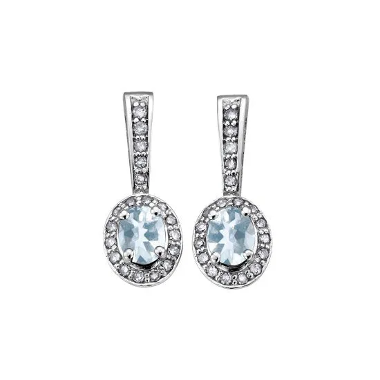 10K White Gold (March) Birthstone Aquamarine and Diamond Dangle Earrings