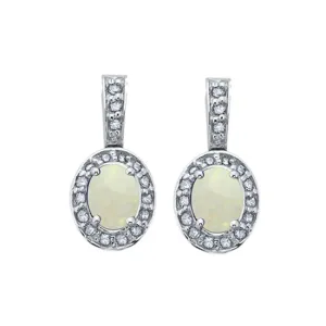 10K White Gold (October) Birthstone Opal and Diamond Dangle Earrings
