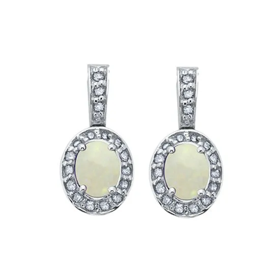 10K White Gold (October) Birthstone Opal and Diamond Dangle Earrings