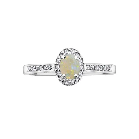 10K White Gold (October) Birthstone Opal and Diamond Halo Ring