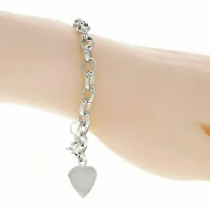 10k White Gold Rolo Link Chain Heart Charm Bracelet 7" 14 grams