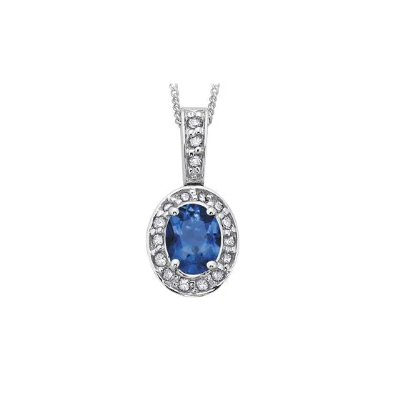 10K White Gold (September) Birthstone Sapphire and Diamond Halo Pendant