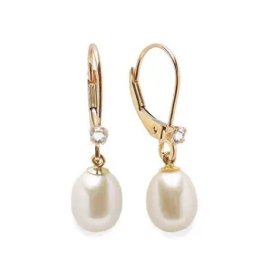 10K Yellow Gold (7-8mm) Pearl and CZ Leverback Drop Earrings