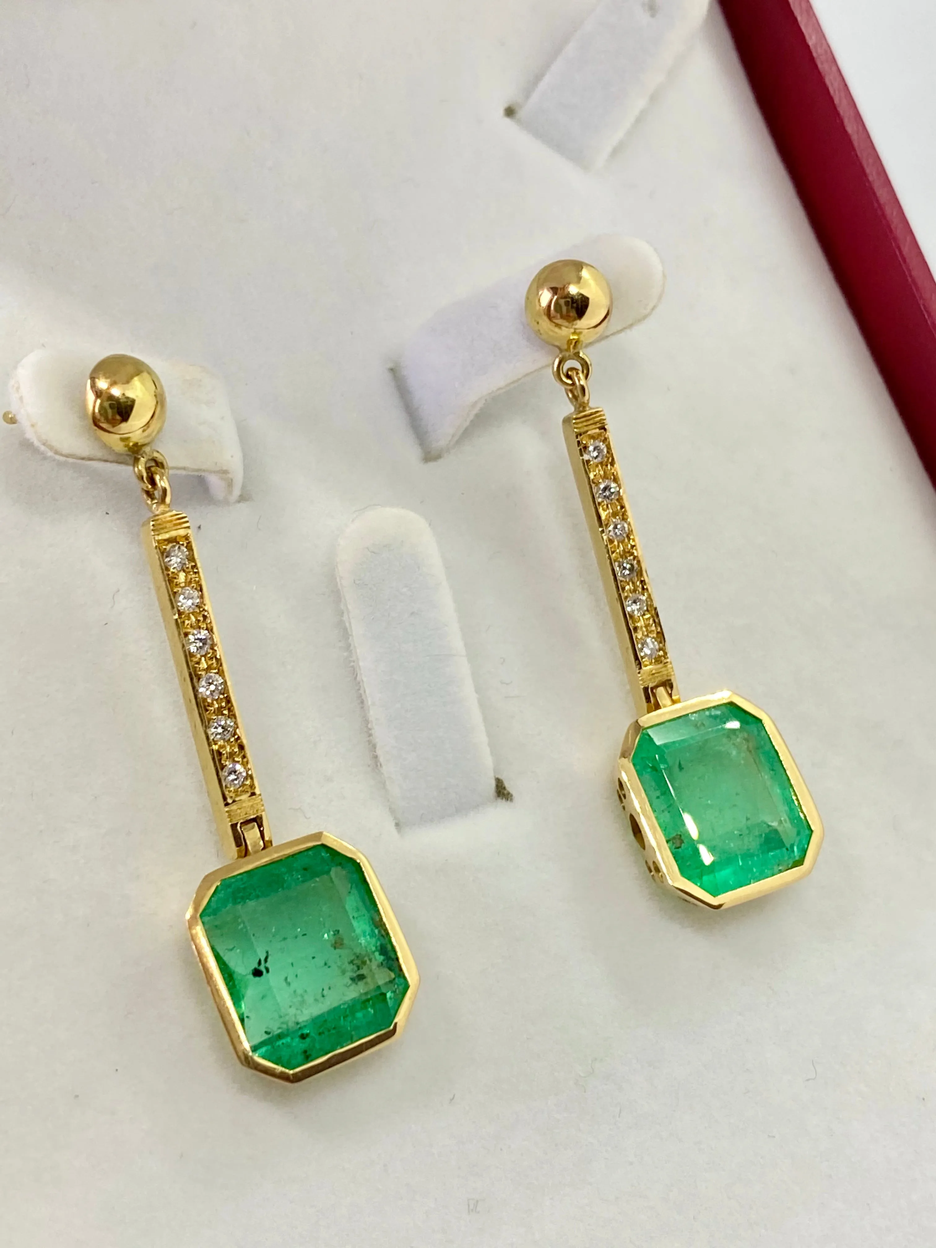 11.75 Carat Square Colombian Emerald and Diamond Drop Dangle Earrings