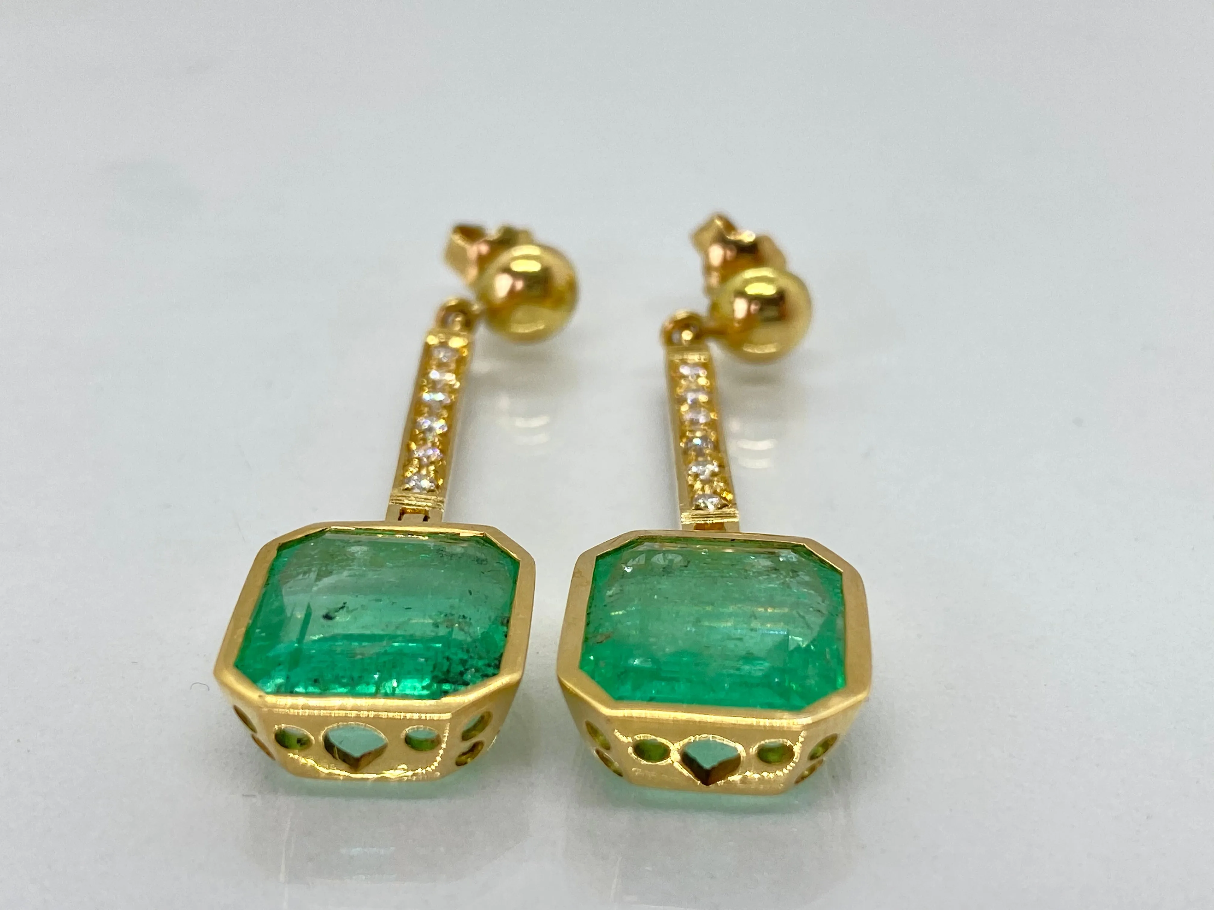 11.75 Carat Square Colombian Emerald and Diamond Drop Dangle Earrings