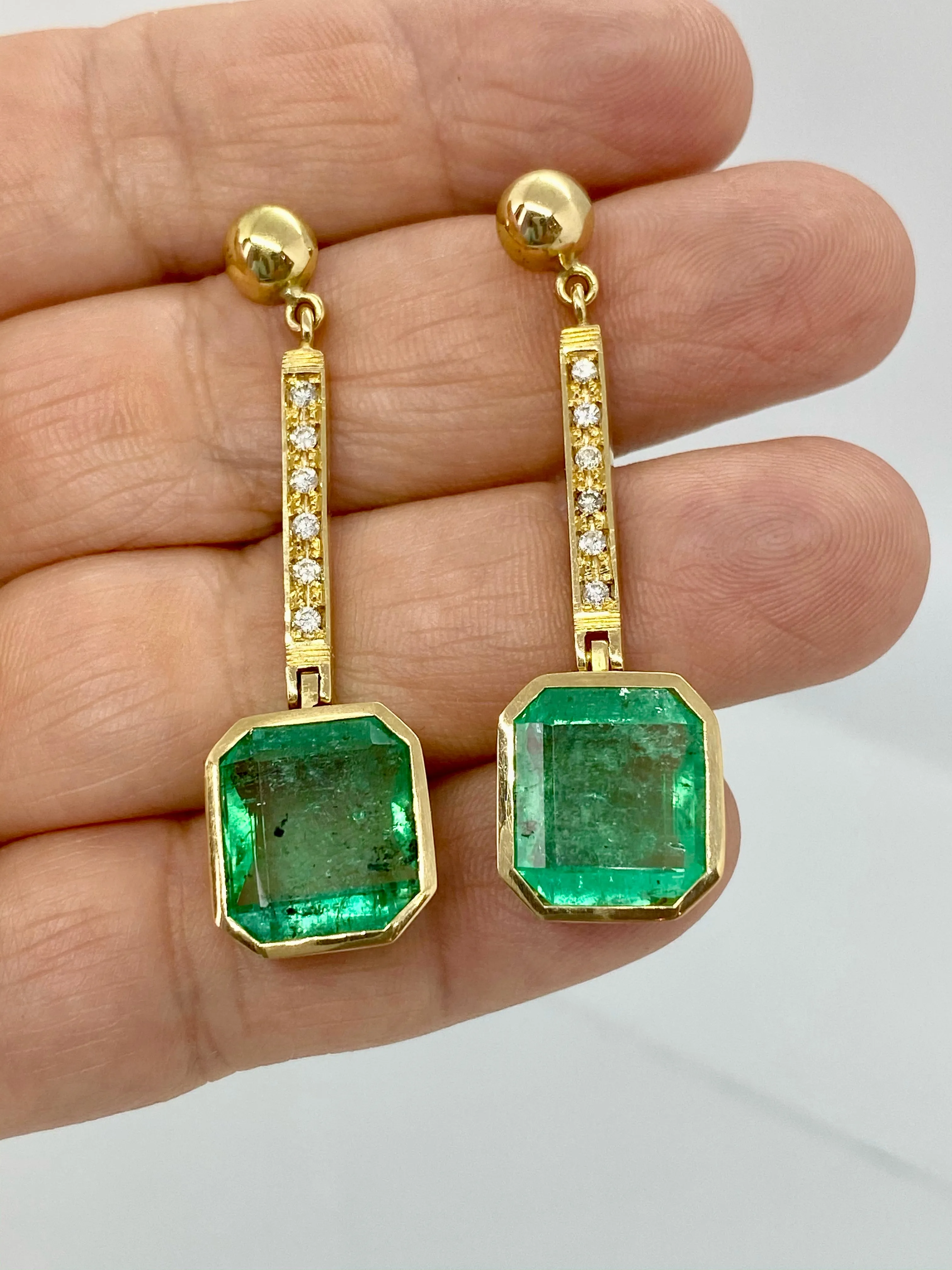 11.75 Carat Square Colombian Emerald and Diamond Drop Dangle Earrings
