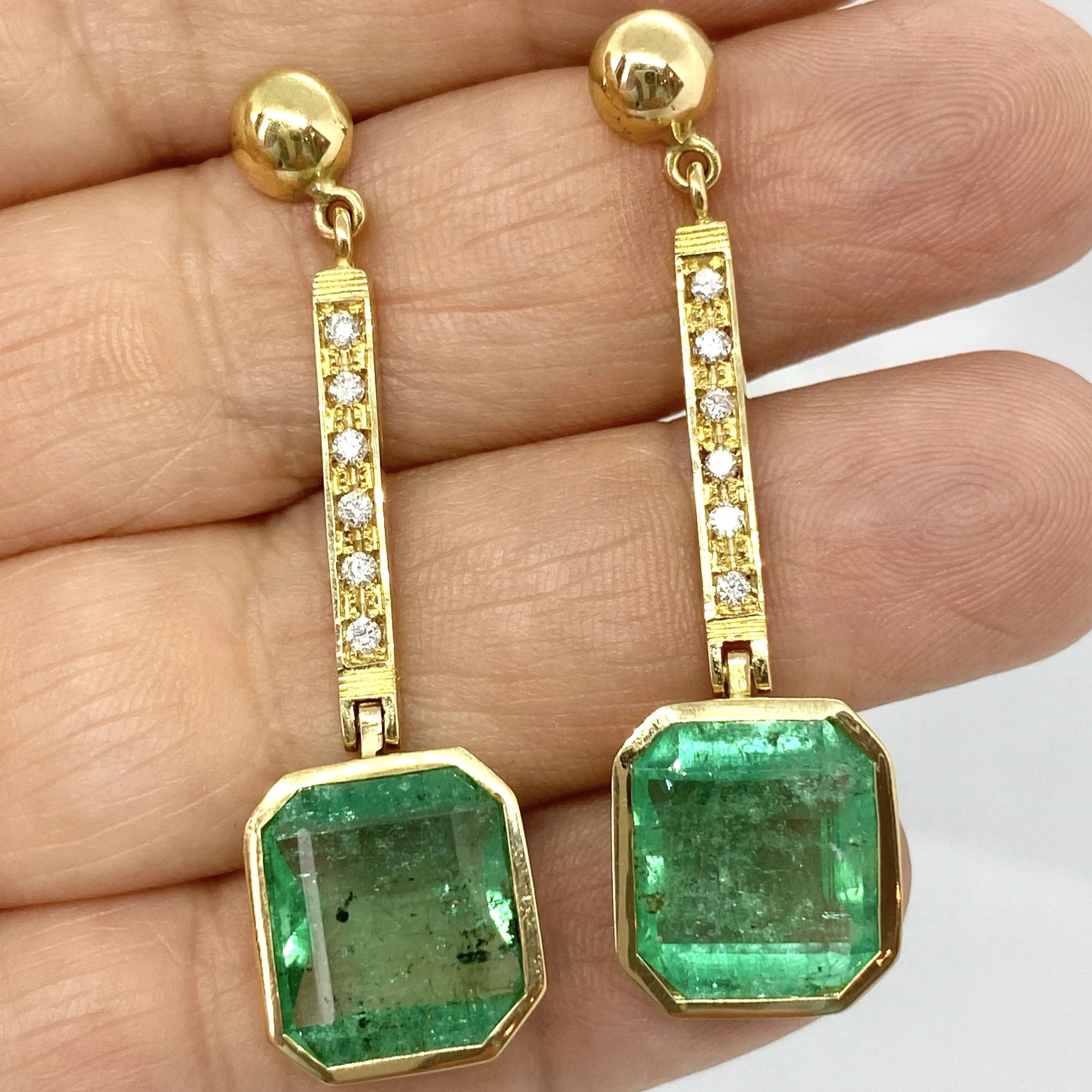 11.75 Carat Square Colombian Emerald and Diamond Drop Dangle Earrings