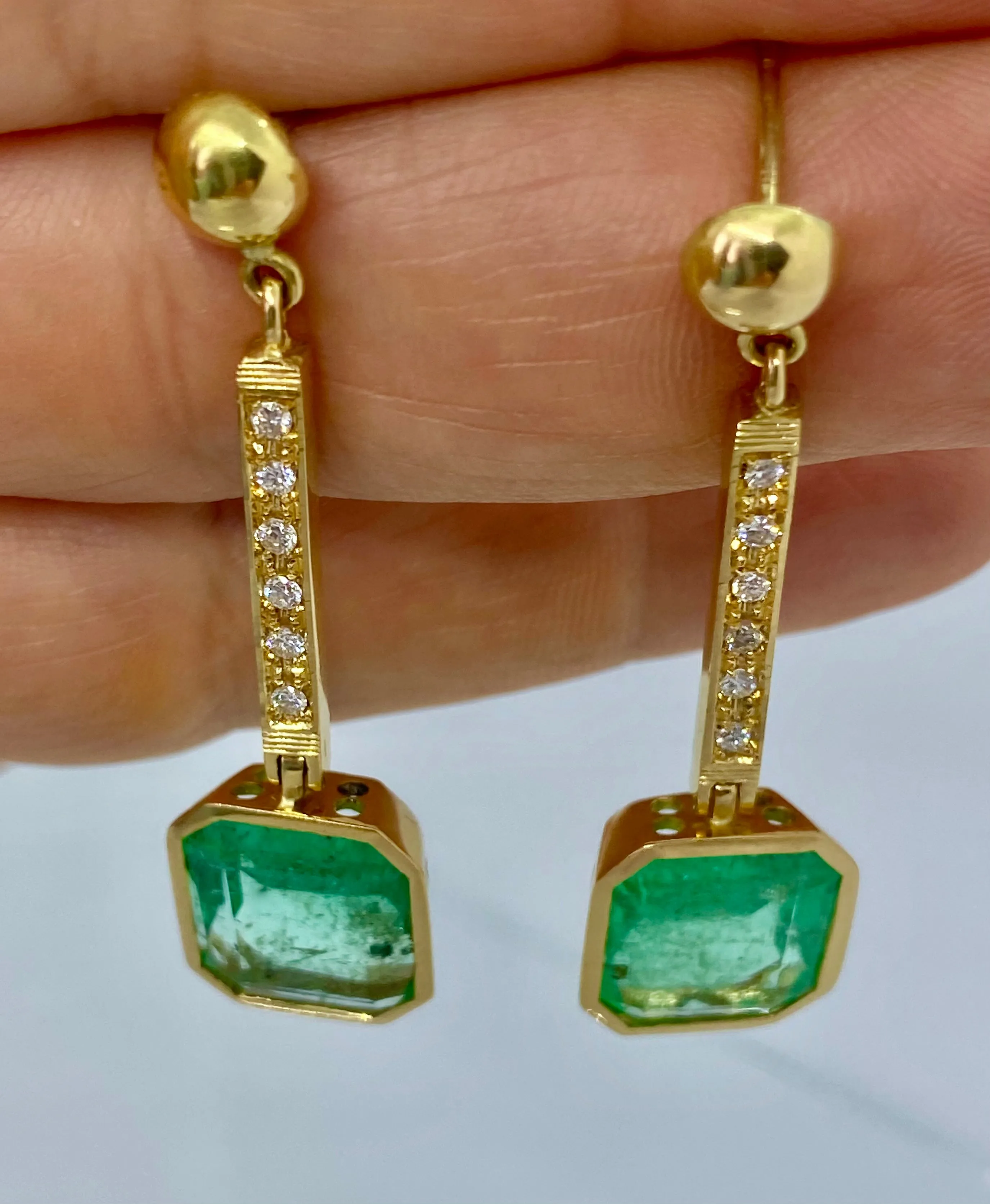 11.75 Carat Square Colombian Emerald and Diamond Drop Dangle Earrings