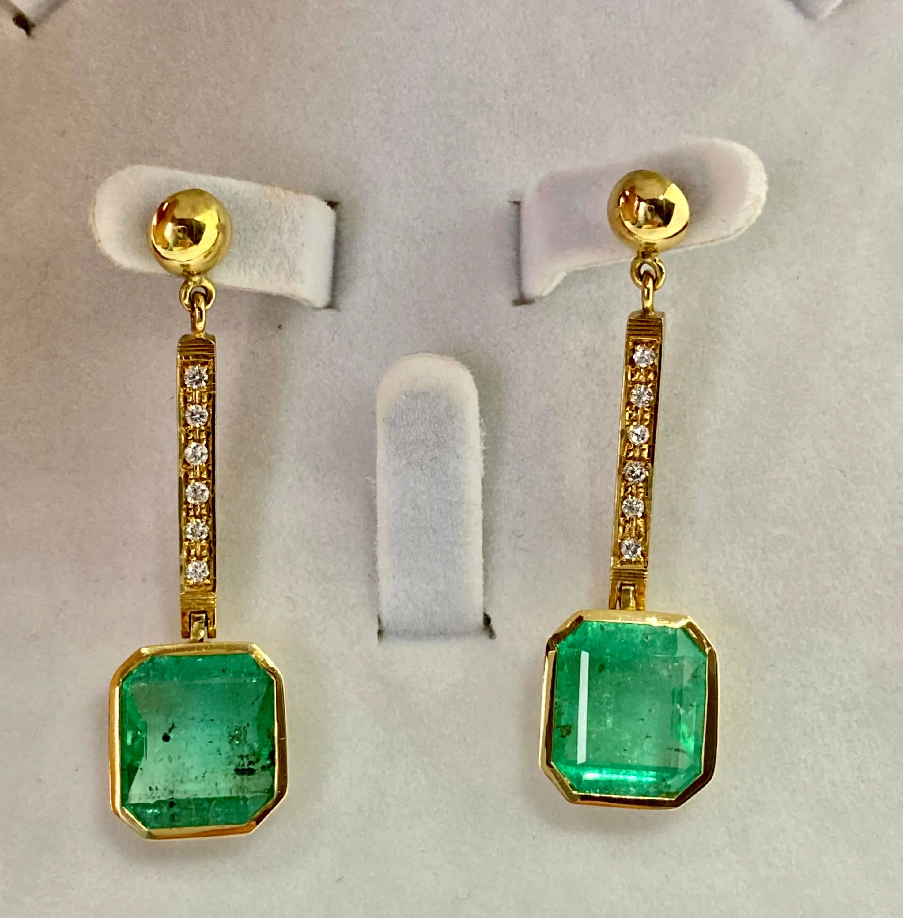 11.75 Carat Square Colombian Emerald and Diamond Drop Dangle Earrings