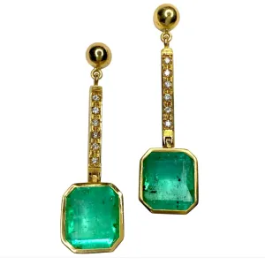 11.75 Carat Square Colombian Emerald and Diamond Drop Dangle Earrings