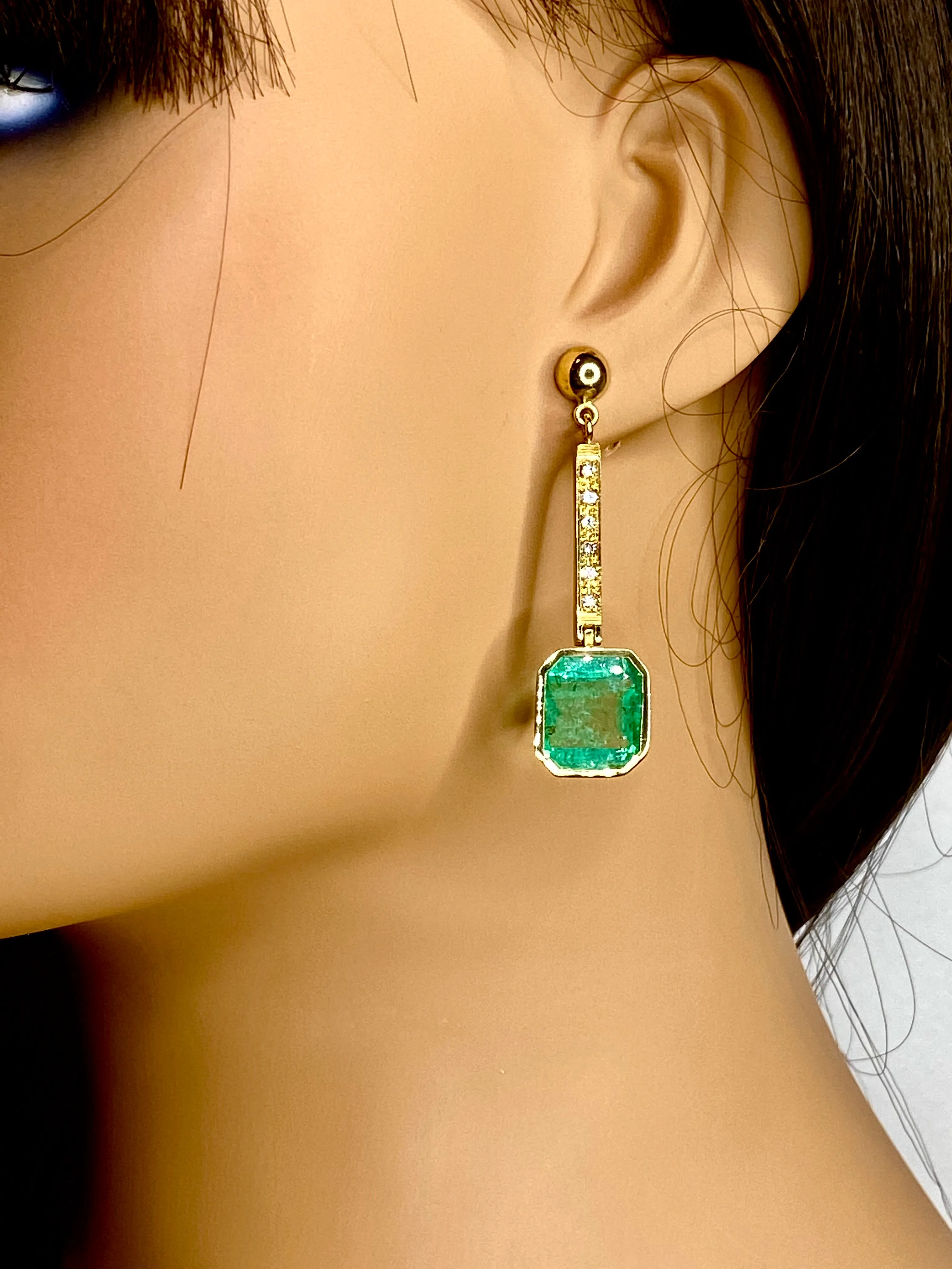 11.75 Carat Square Colombian Emerald and Diamond Drop Dangle Earrings