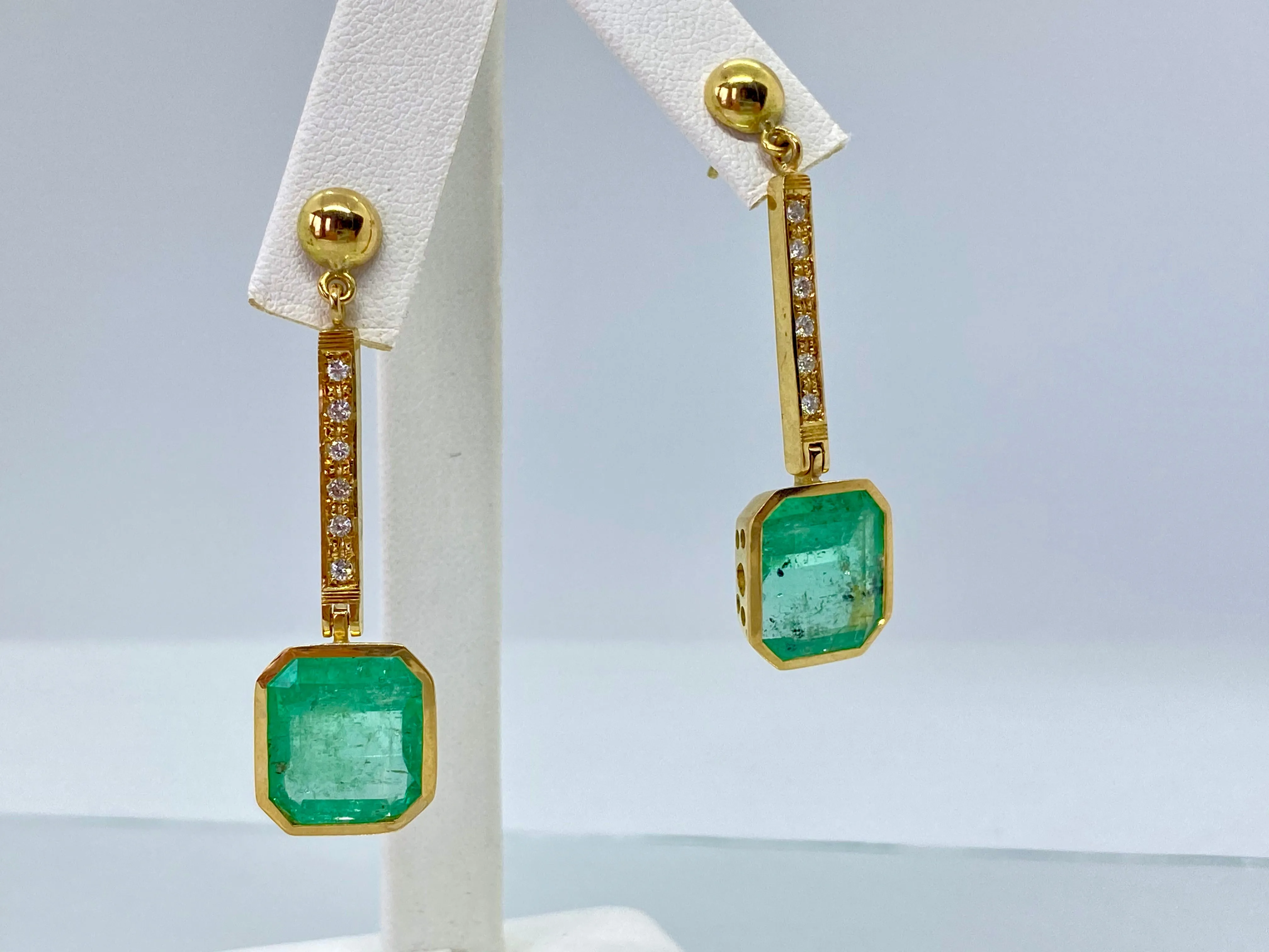 11.75 Carat Square Colombian Emerald and Diamond Drop Dangle Earrings