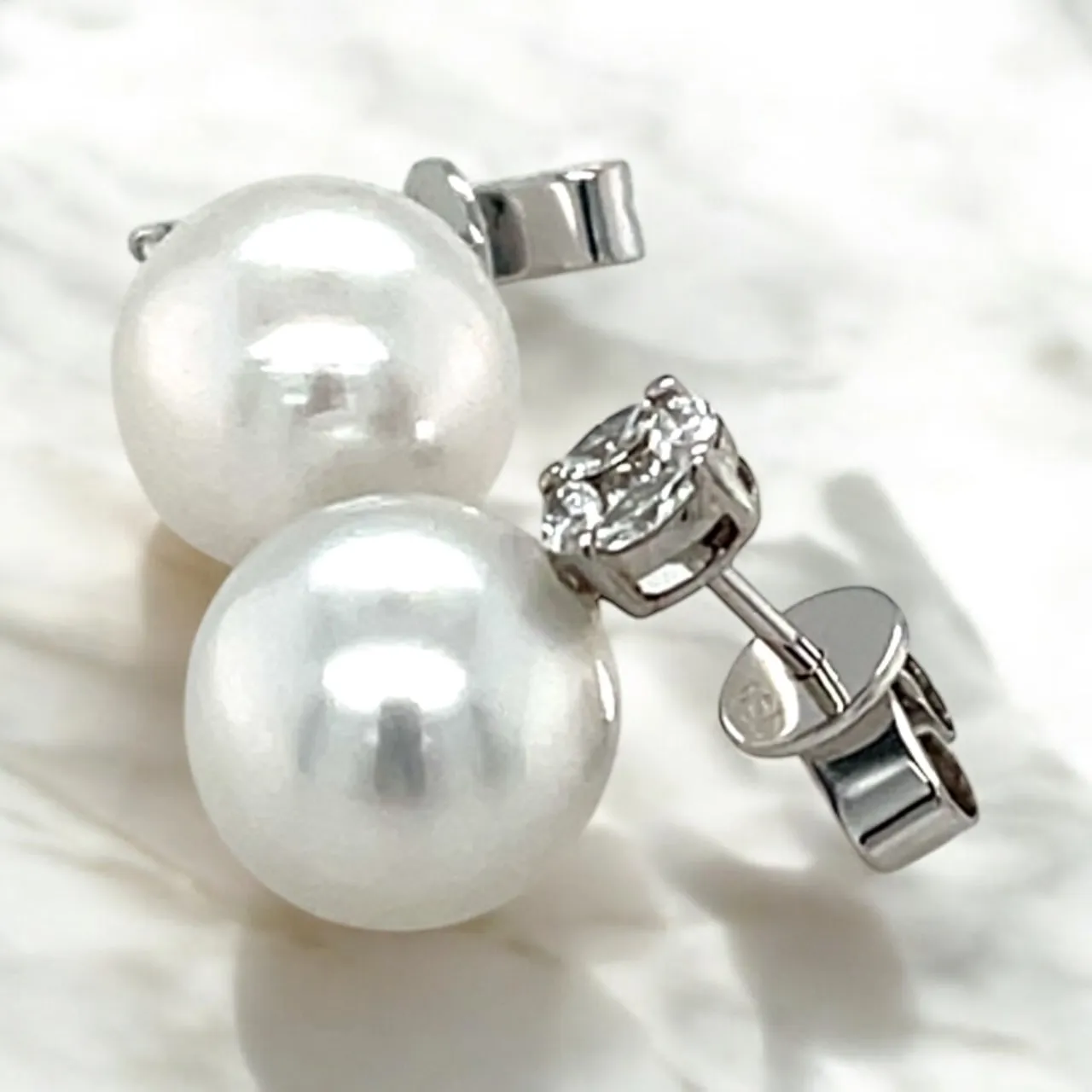 11mm Akoya Saltwater Pearl and Diamond Earrings in 18k White Gold
