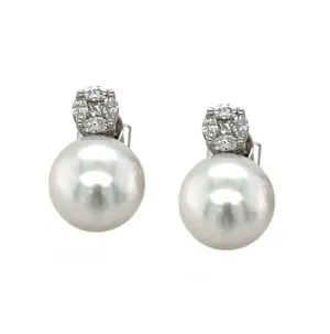 11mm Akoya Saltwater Pearl and Diamond Earrings in 18k White Gold