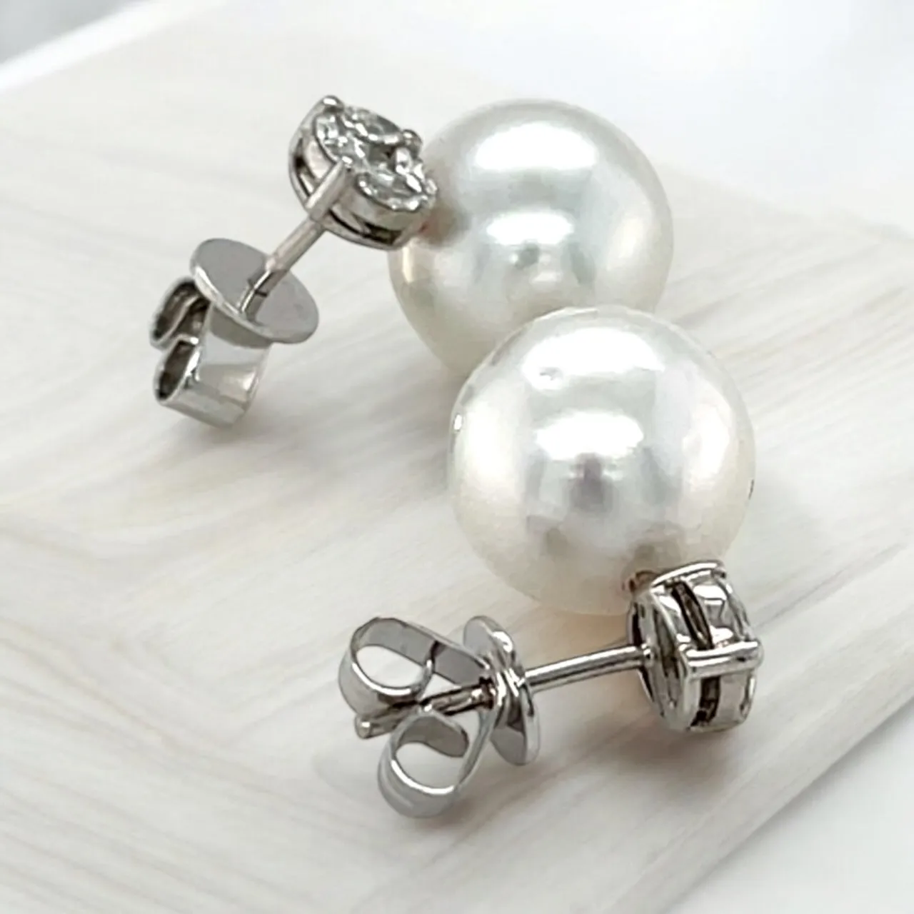 11mm Akoya Saltwater Pearl and Diamond Earrings in 18k White Gold