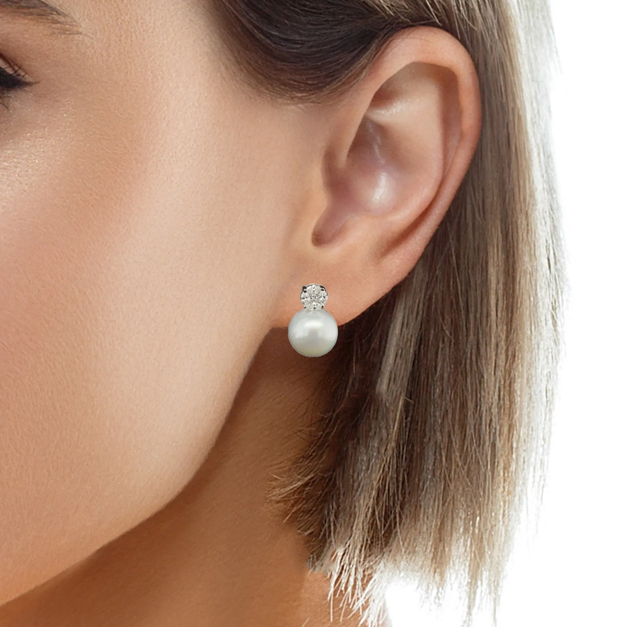 11mm Akoya Saltwater Pearl and Diamond Earrings in 18k White Gold