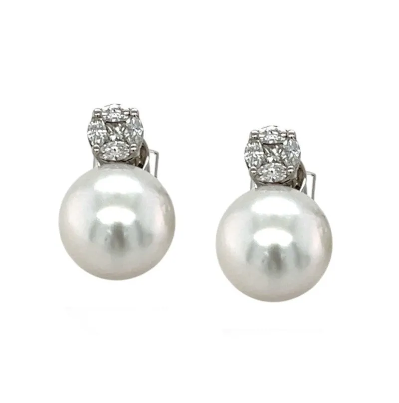 11mm Akoya Saltwater Pearl and Diamond Earrings in 18k White Gold
