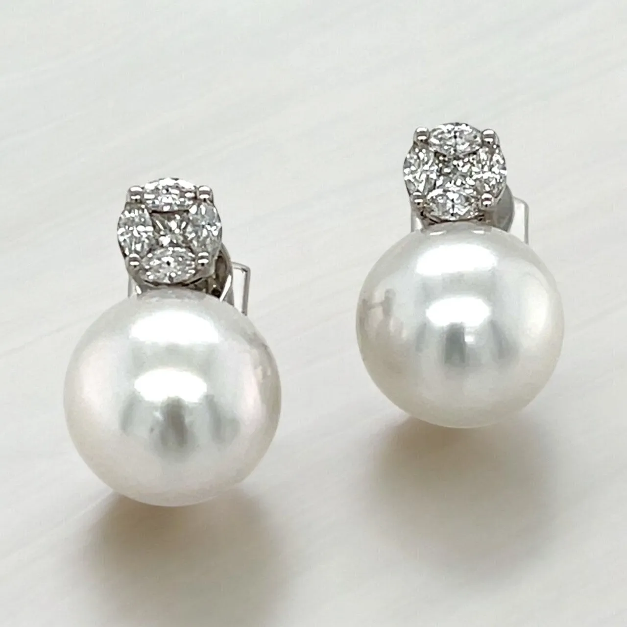 11mm Akoya Saltwater Pearl and Diamond Earrings in 18k White Gold