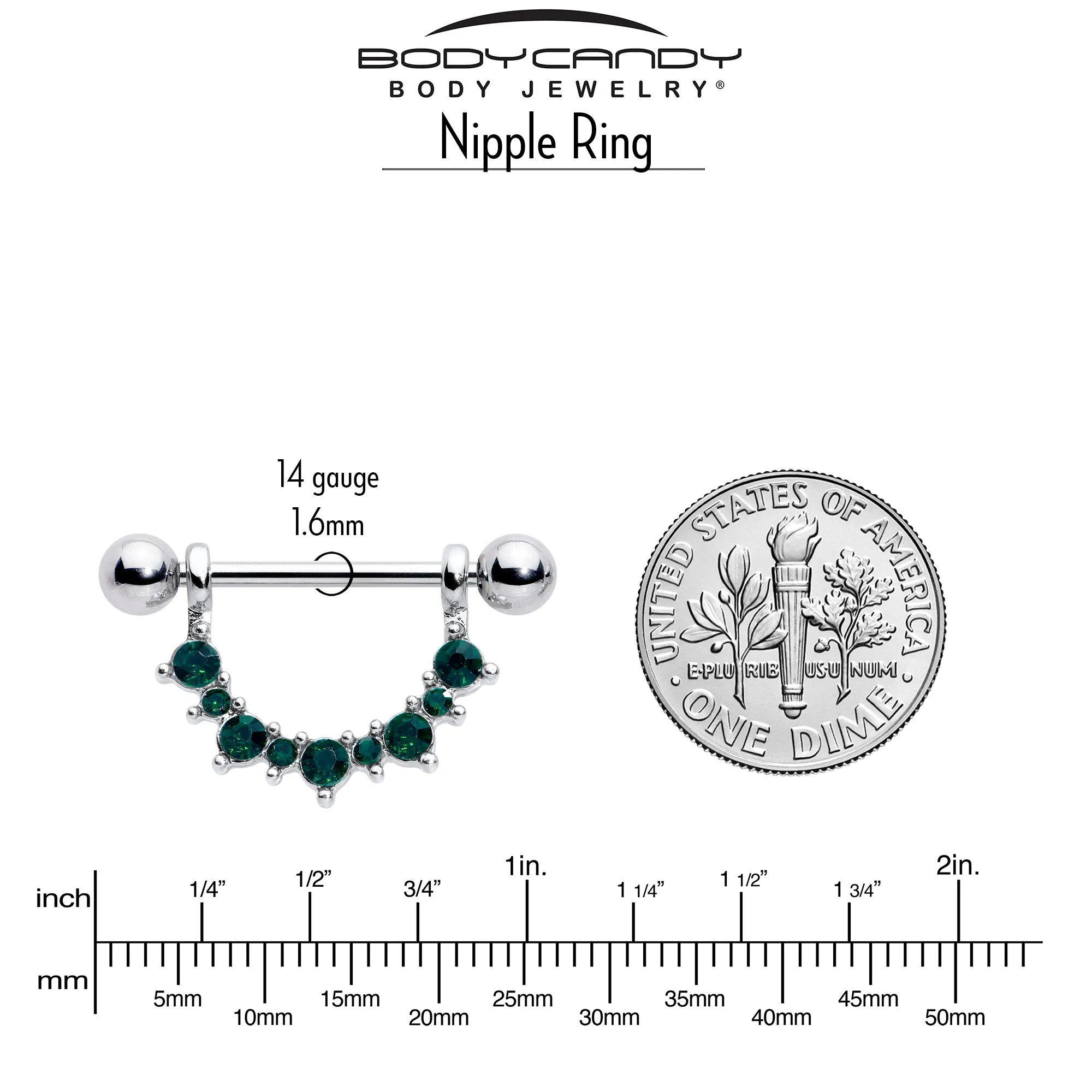 14 Gauge 9/16 Green CZ Gem May Birthstone Dangle Nipple Shield Set