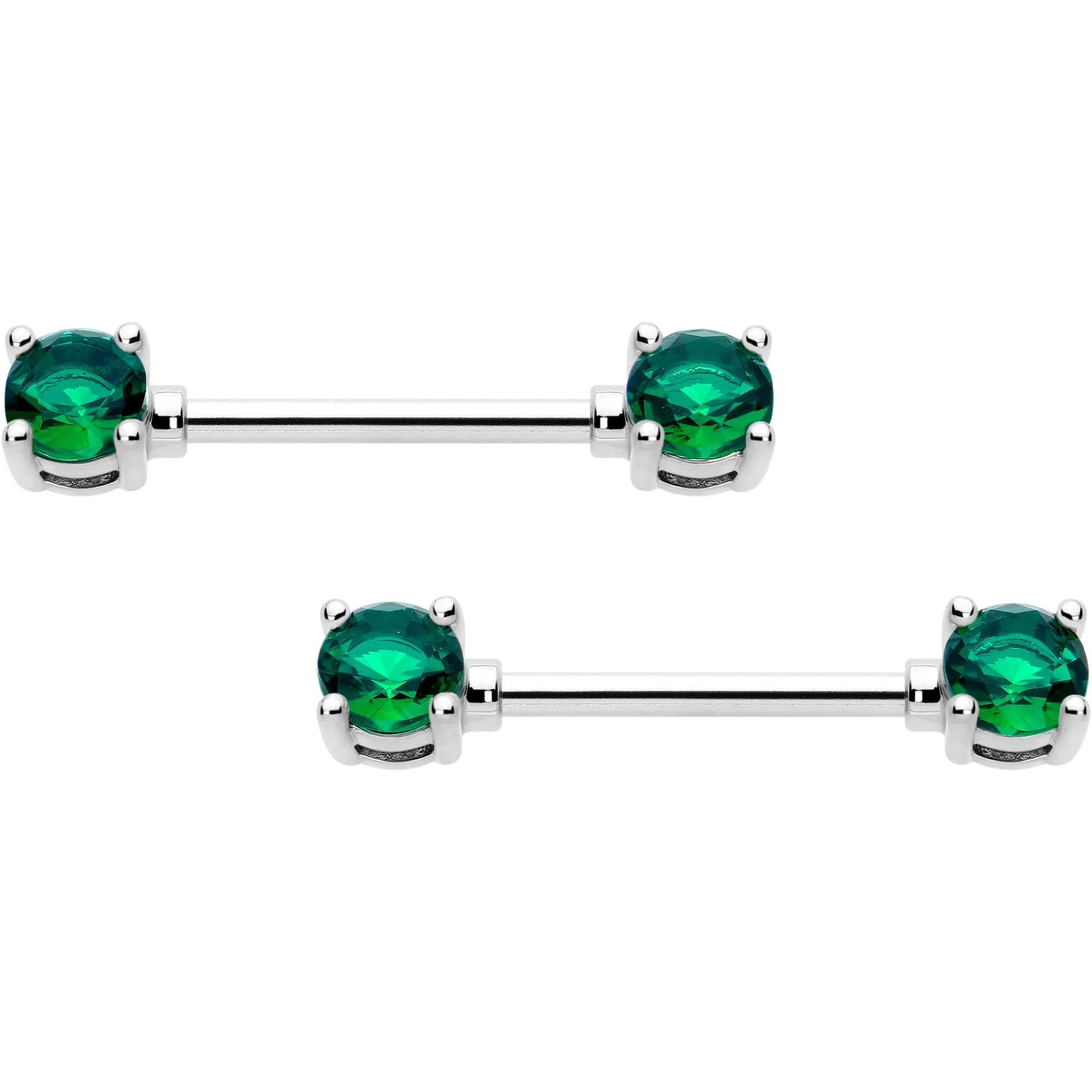 14 Gauge 9/16 Green CZ Gem May Birthstone Nipple Ring Set