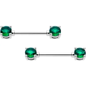 14 Gauge 9/16 Green CZ Gem May Birthstone Nipple Ring Set