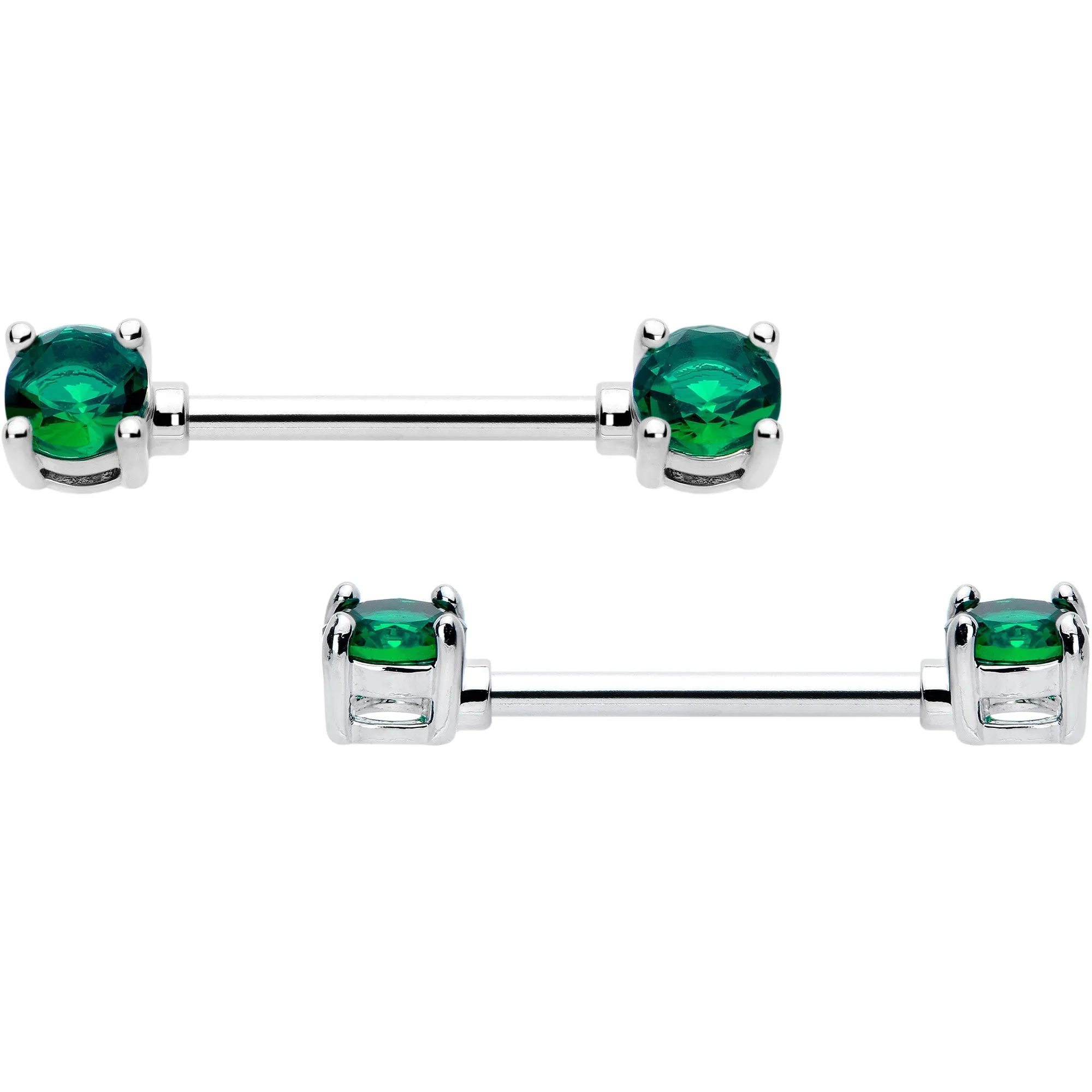14 Gauge 9/16 Green CZ Gem May Birthstone Nipple Ring Set