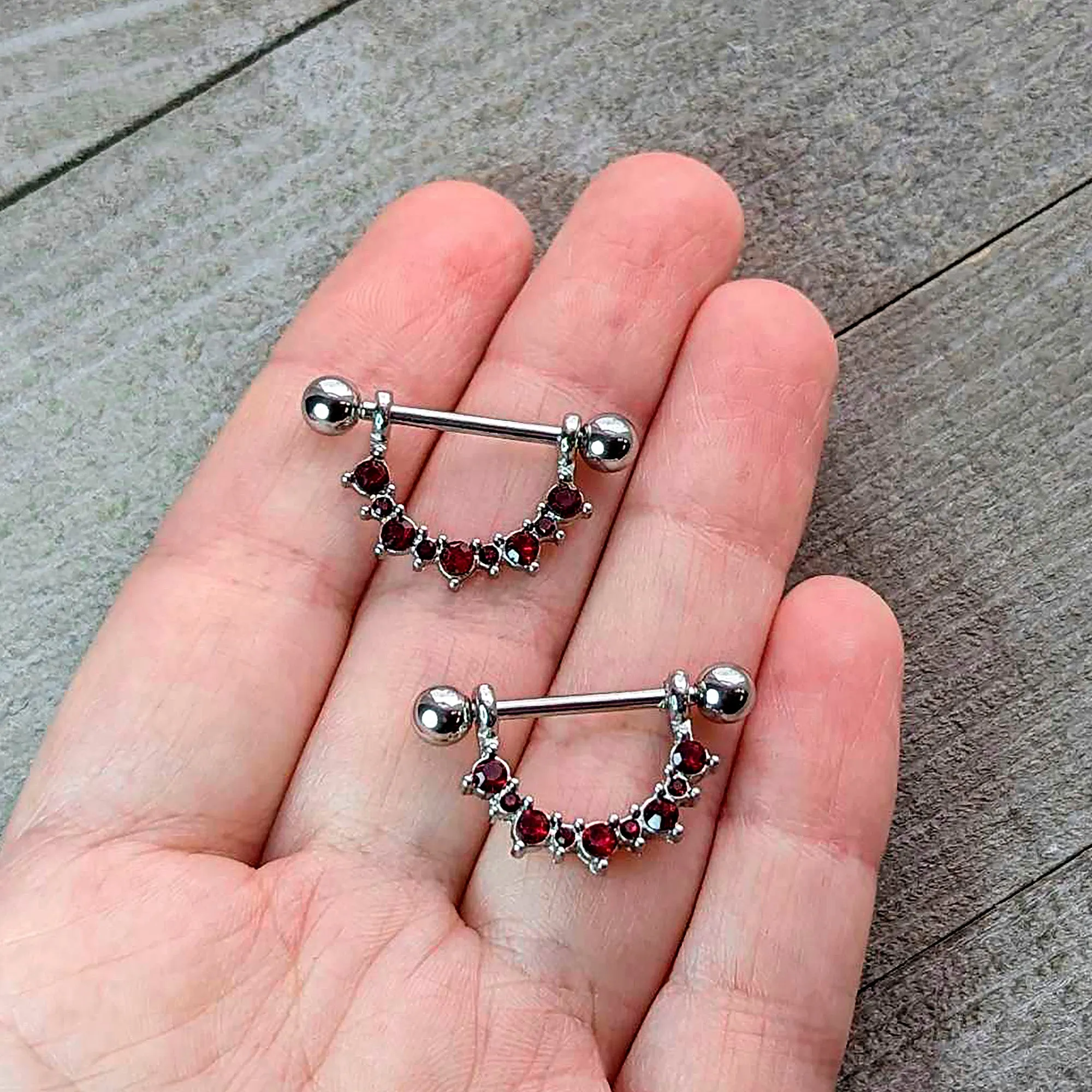 14 Gauge 9/16 Red CZ Gem July Birthstone Dangle Nipple Shield Set