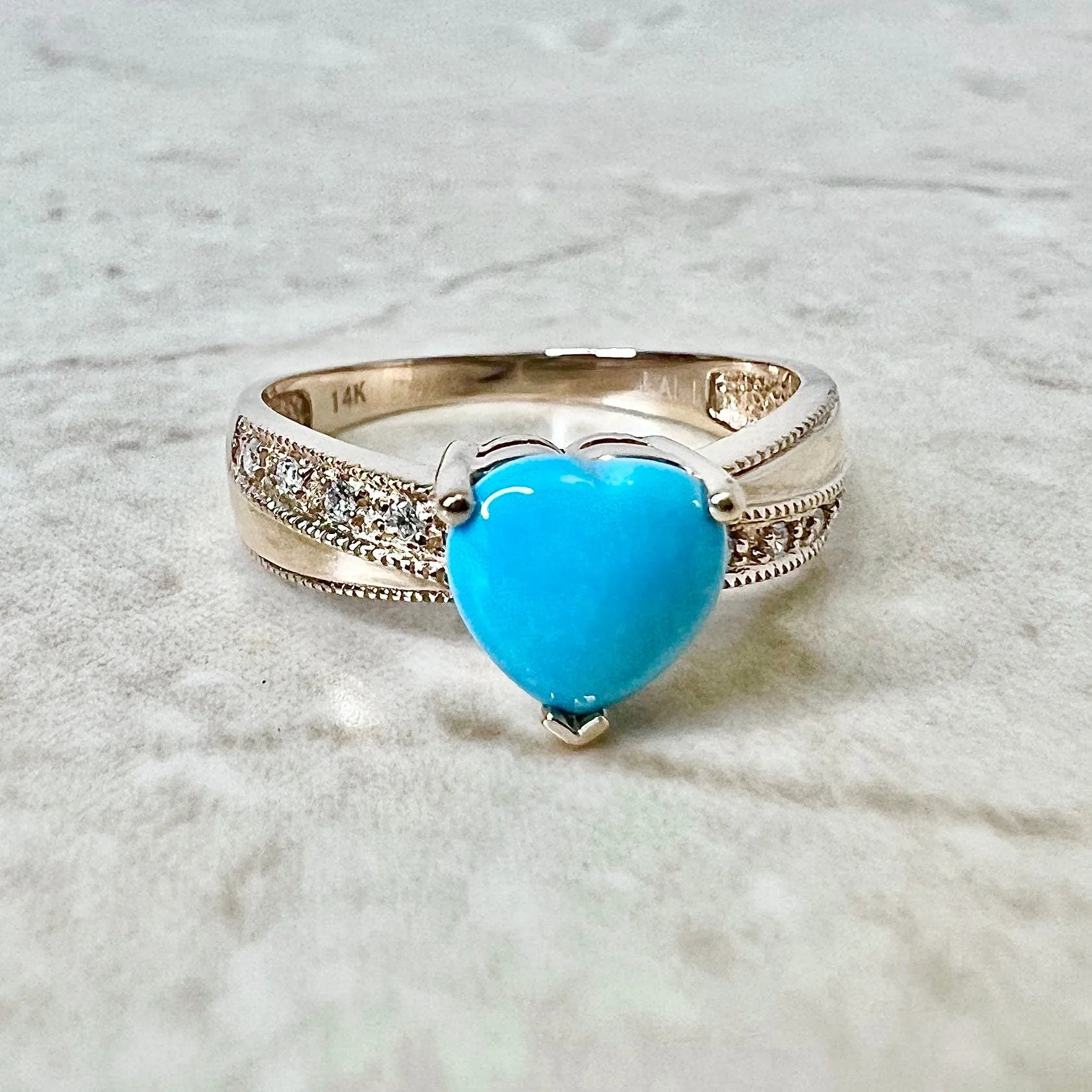 14 Karat Rose Gold Heart Turquoise & Diamond Ring
