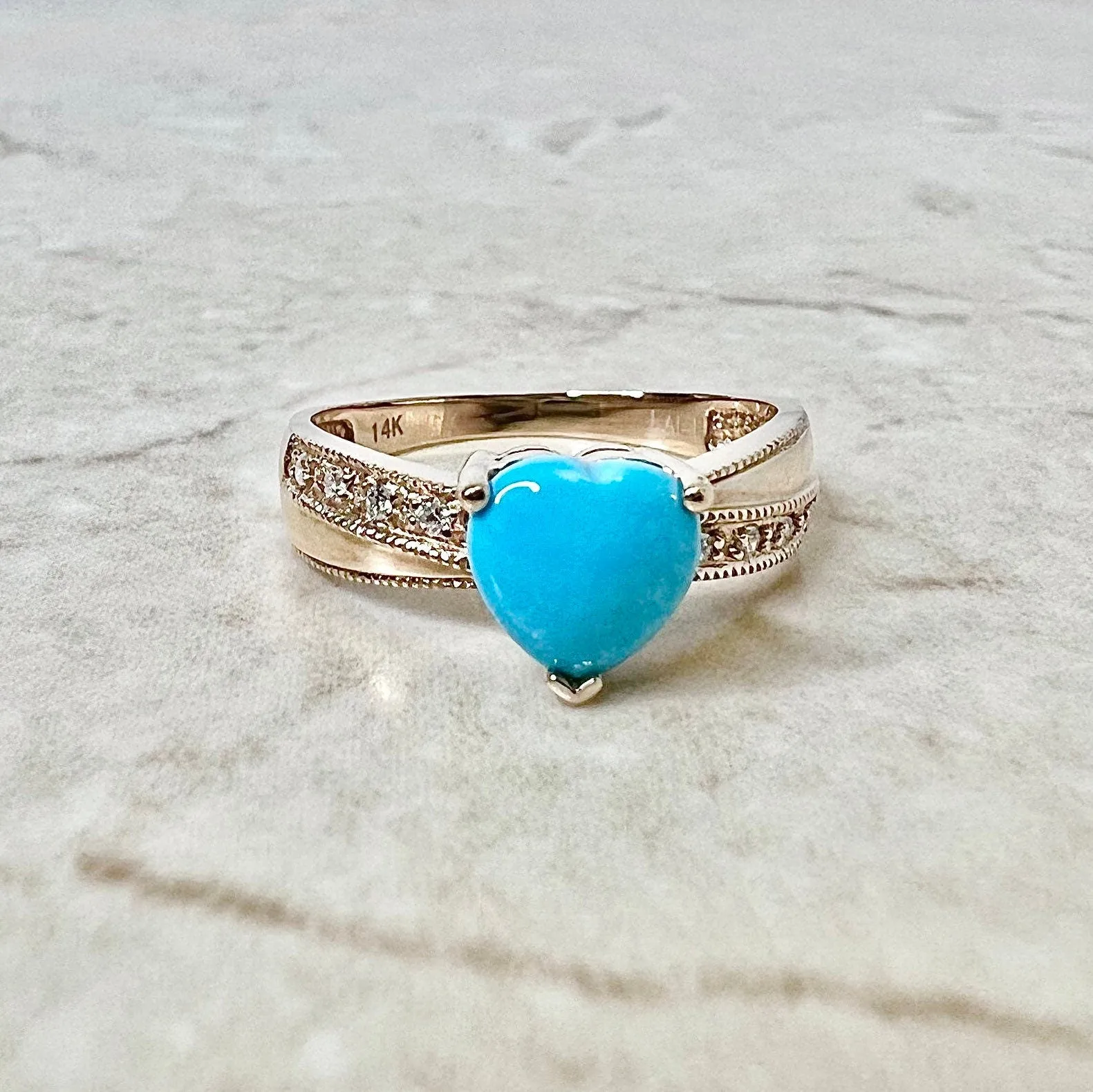 14 Karat Rose Gold Heart Turquoise & Diamond Ring