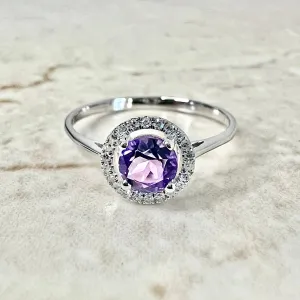 14 Karat White Gold February Birthstone Round Amethyst & Diamond Halo Ring