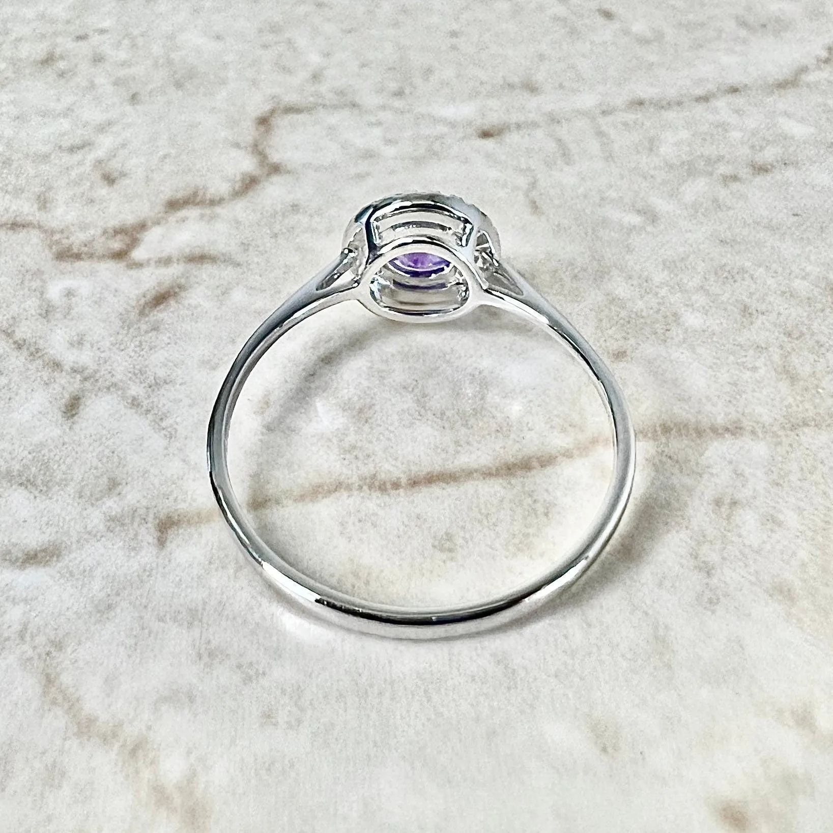 14 Karat White Gold February Birthstone Round Amethyst & Diamond Halo Ring