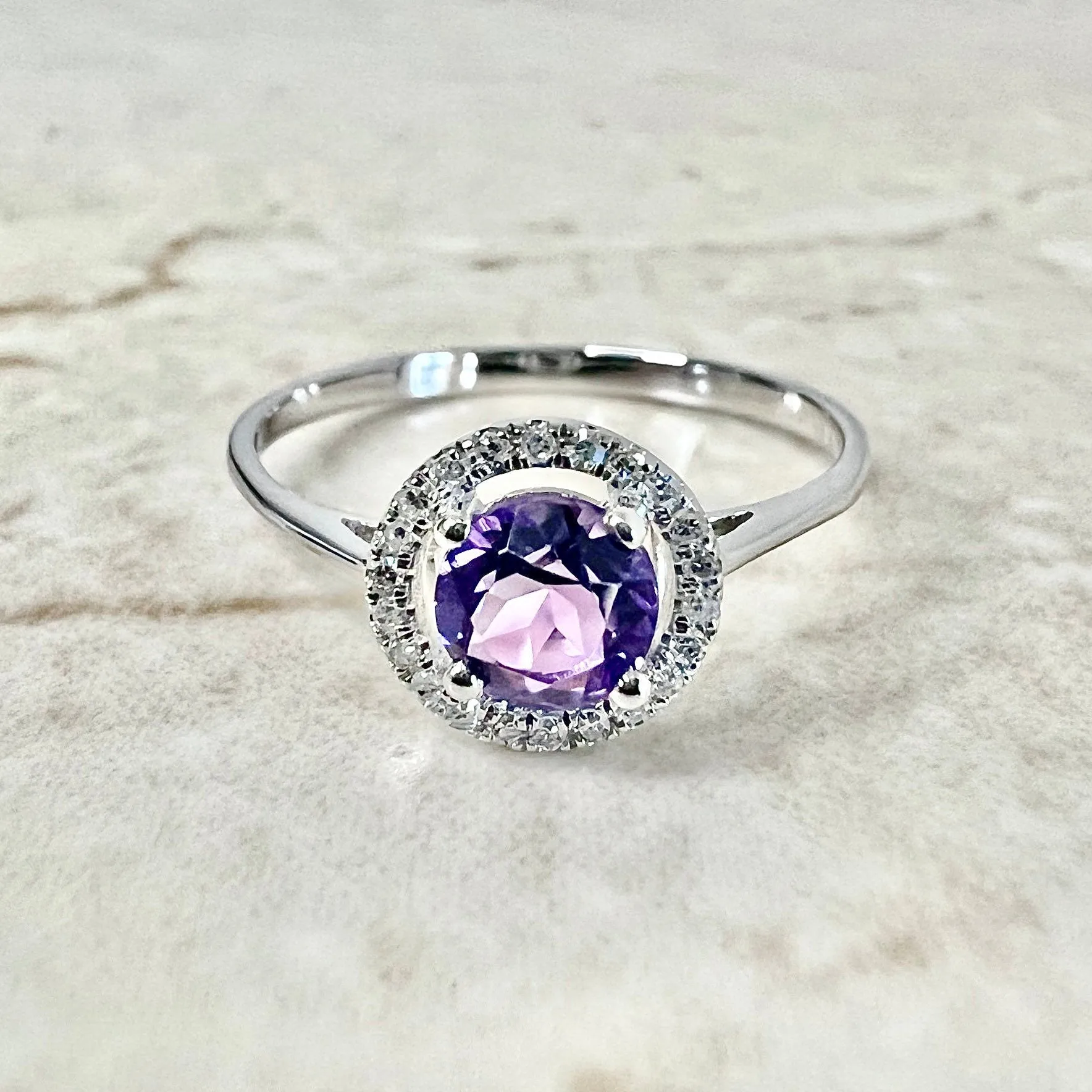 14 Karat White Gold February Birthstone Round Amethyst & Diamond Halo Ring