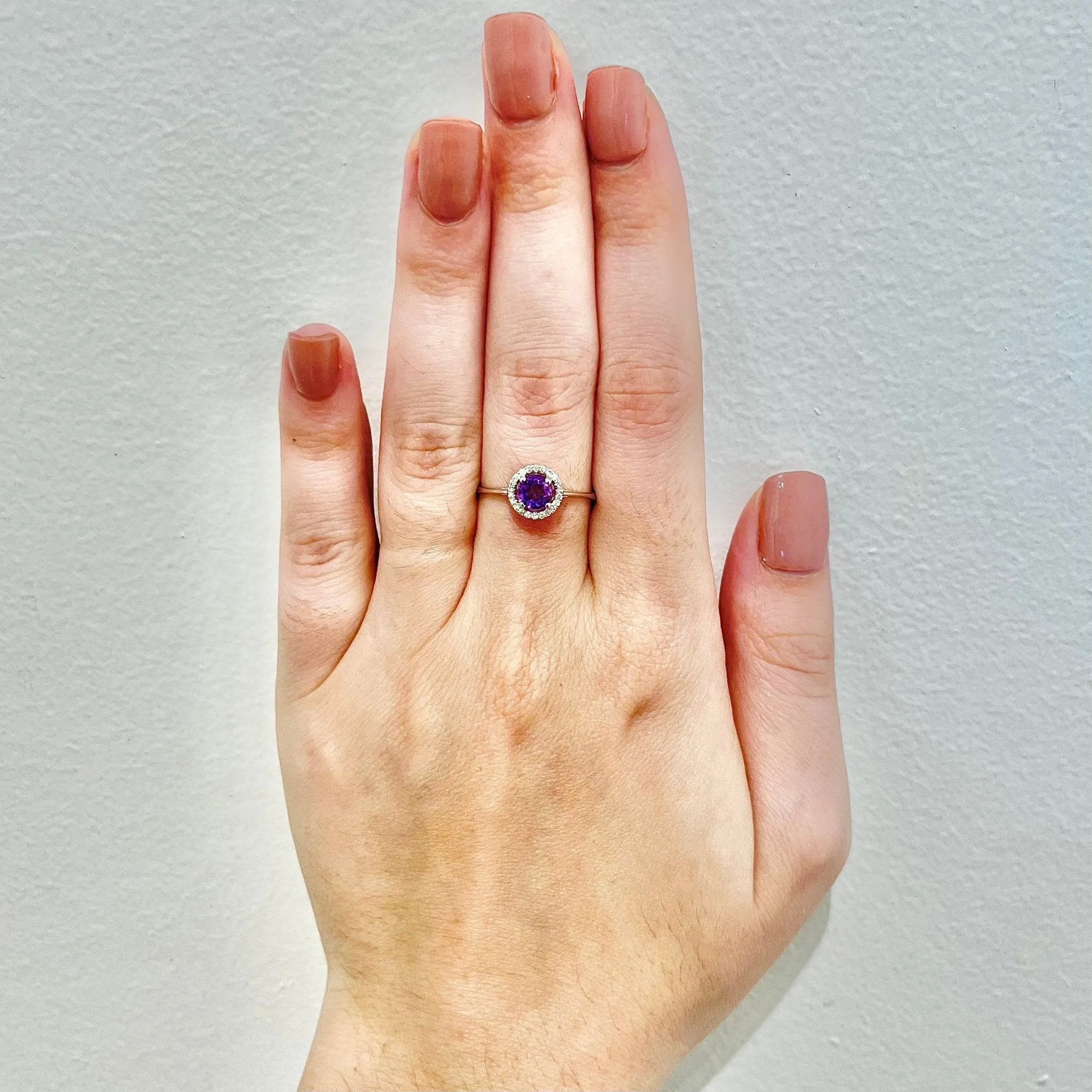 14 Karat White Gold February Birthstone Round Amethyst & Diamond Halo Ring