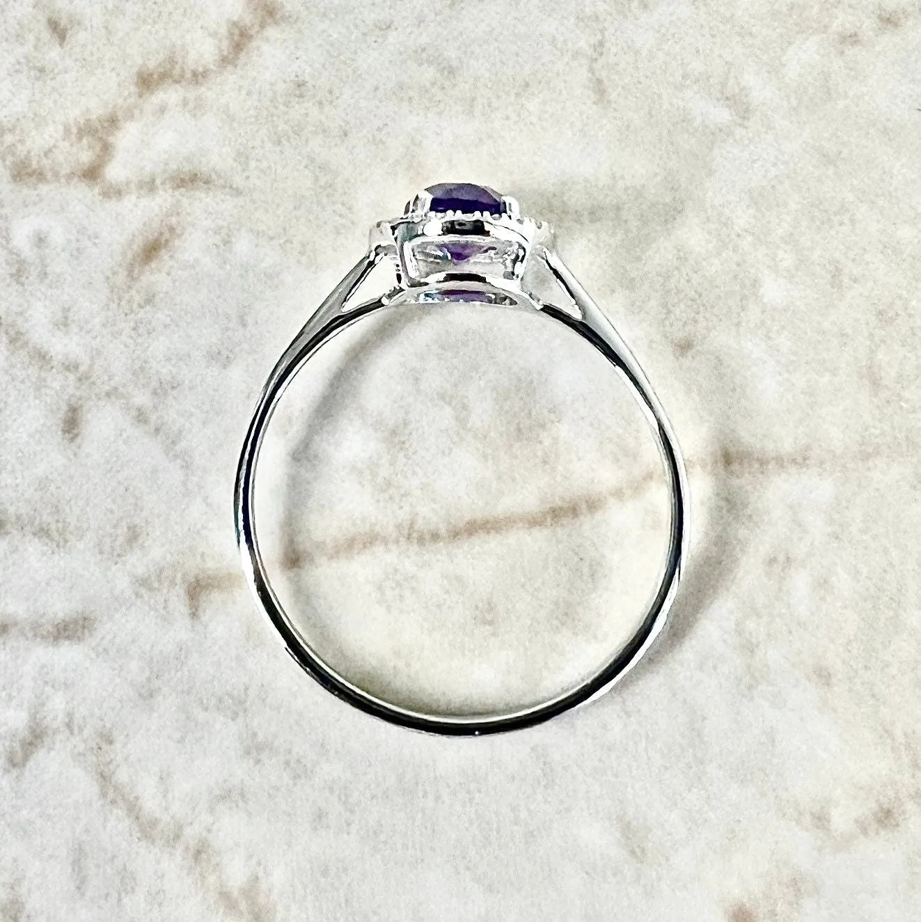 14 Karat White Gold February Birthstone Round Amethyst & Diamond Halo Ring