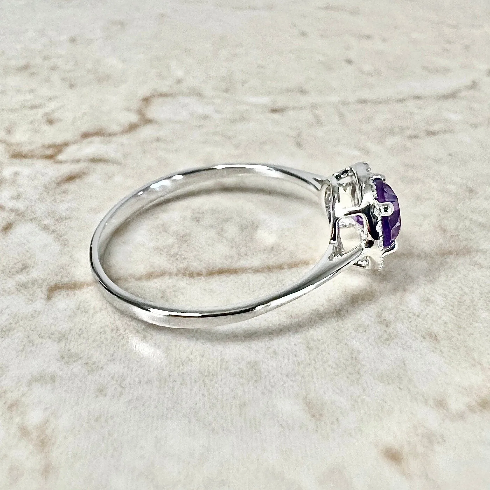 14 Karat White Gold February Birthstone Round Amethyst & Diamond Halo Ring