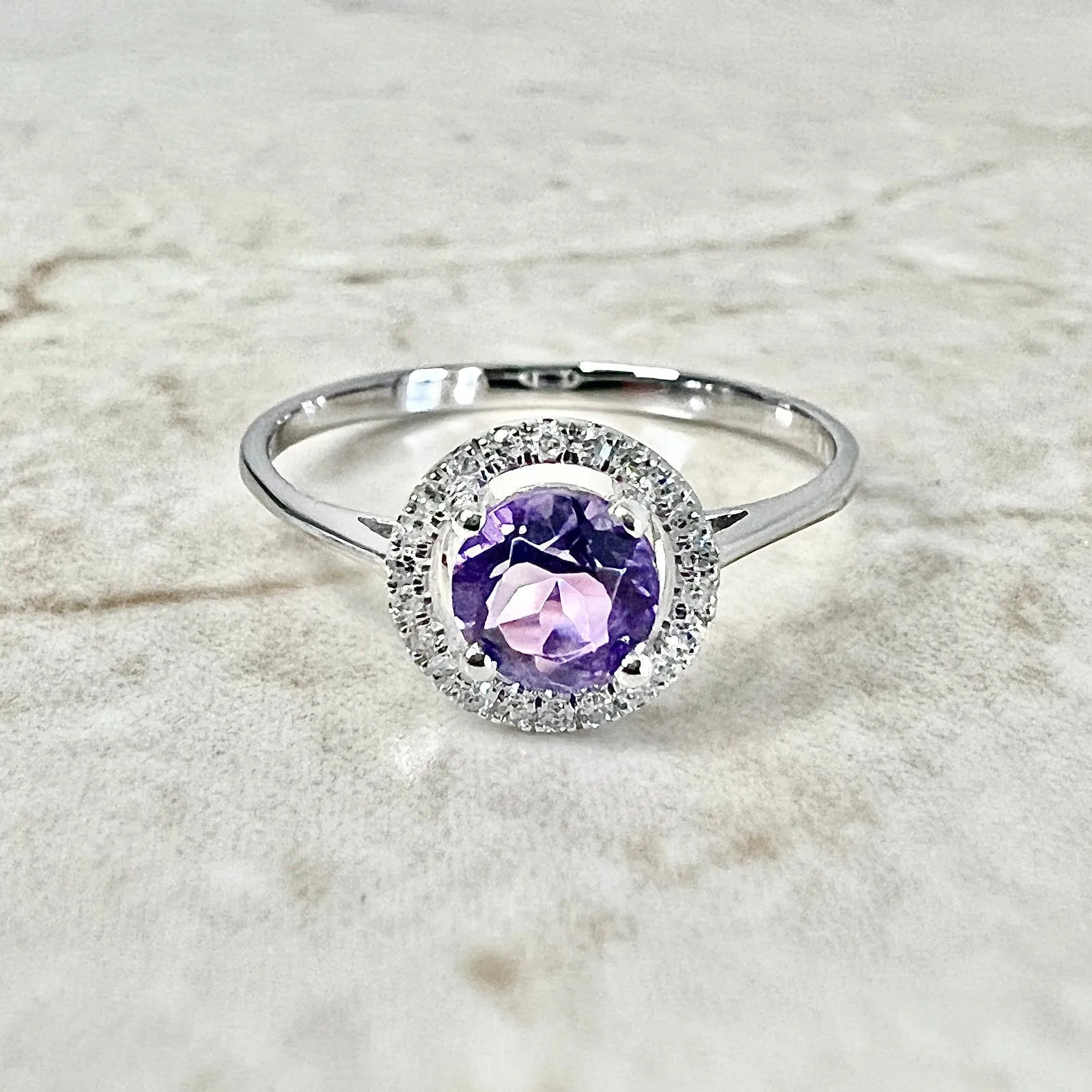 14 Karat White Gold February Birthstone Round Amethyst & Diamond Halo Ring