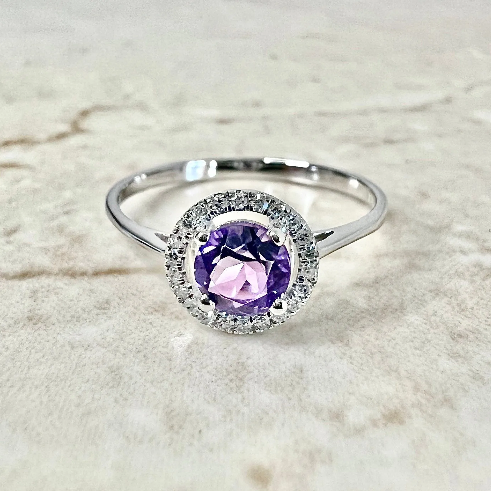 14 Karat White Gold February Birthstone Round Amethyst & Diamond Halo Ring