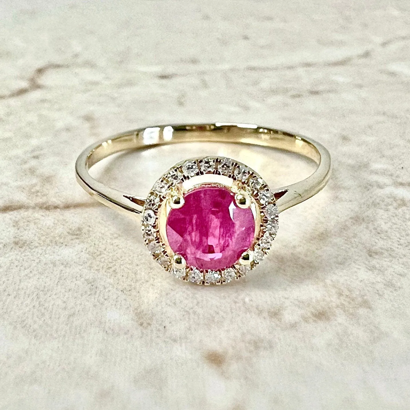 14 Karat Yellow Gold July Birthstone Round Ruby & Diamond Halo Ring