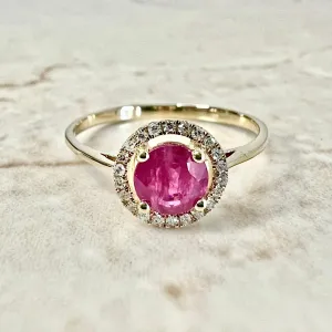 14 Karat Yellow Gold July Birthstone Round Ruby & Diamond Halo Ring