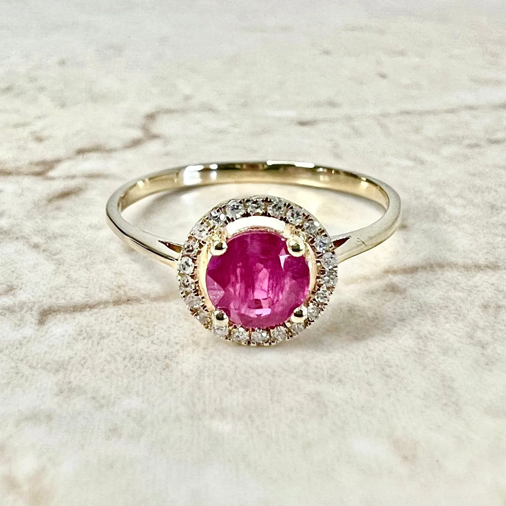 14 Karat Yellow Gold July Birthstone Round Ruby & Diamond Halo Ring