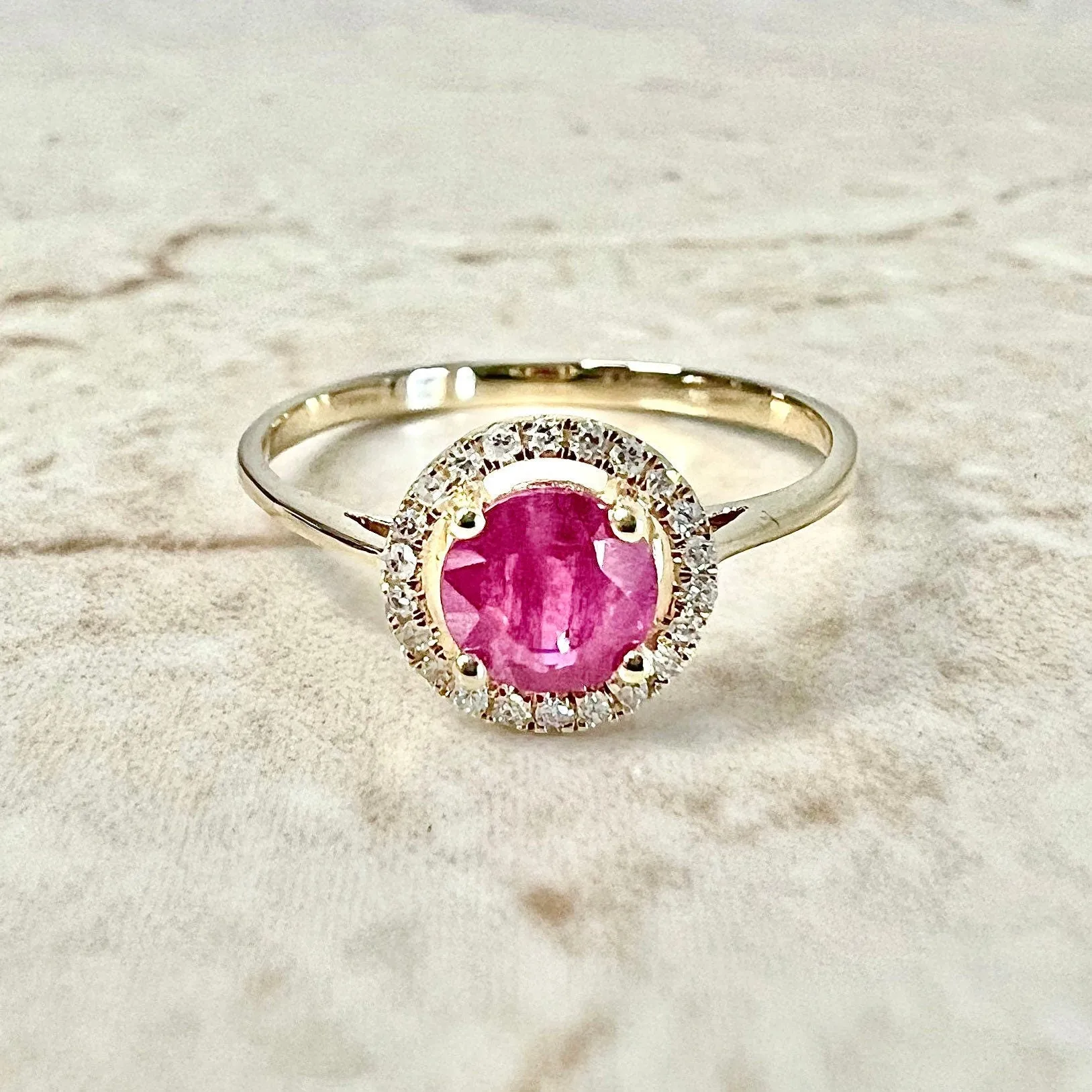14 Karat Yellow Gold July Birthstone Round Ruby & Diamond Halo Ring