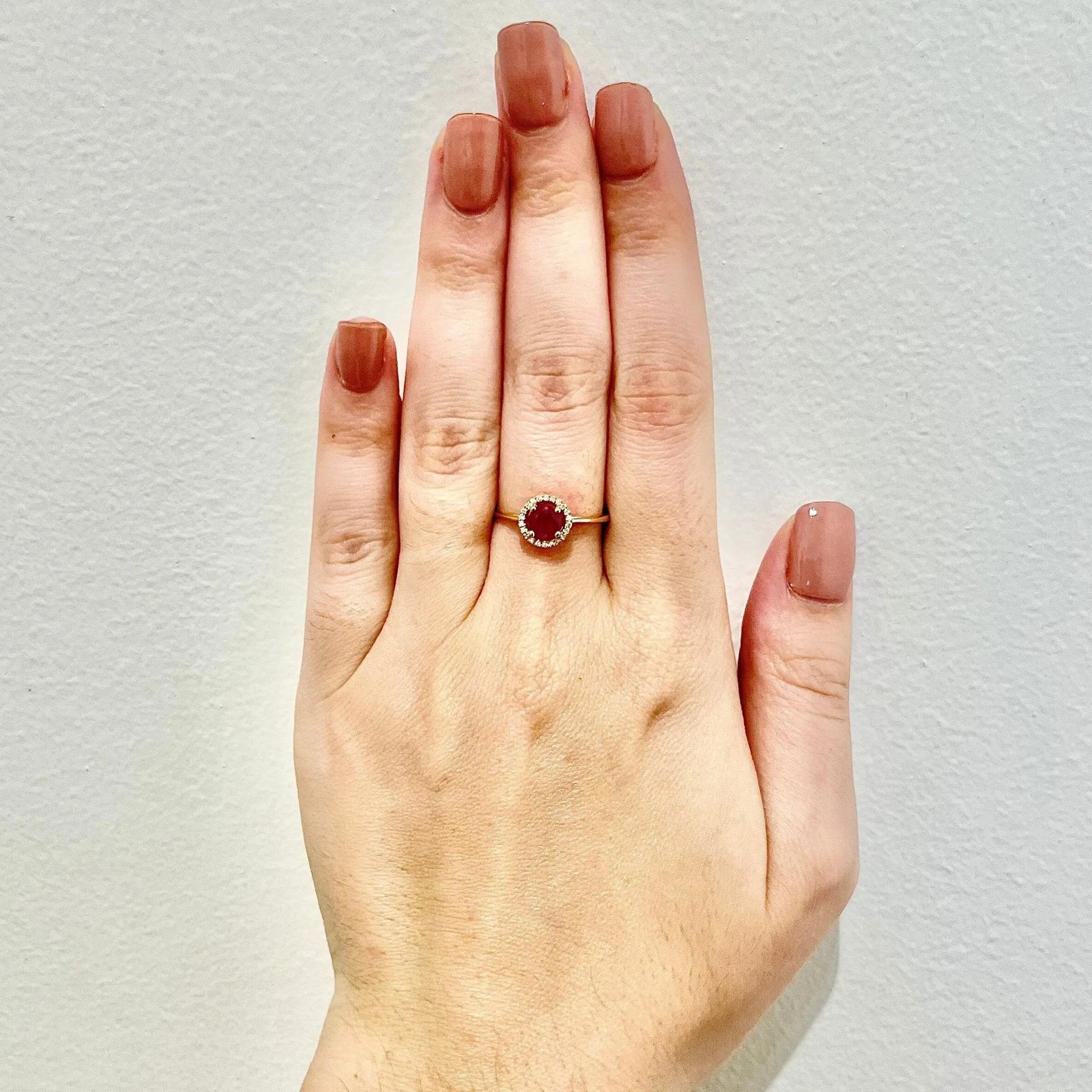 14 Karat Yellow Gold July Birthstone Round Ruby & Diamond Halo Ring