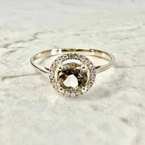14 Karat Yellow Gold June Birthstone Round Smoky Quartz & Diamond Halo Ring
