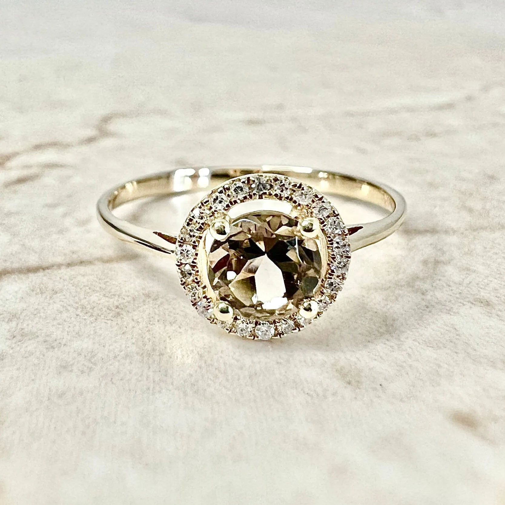 14 Karat Yellow Gold June Birthstone Round Smoky Quartz & Diamond Halo Ring