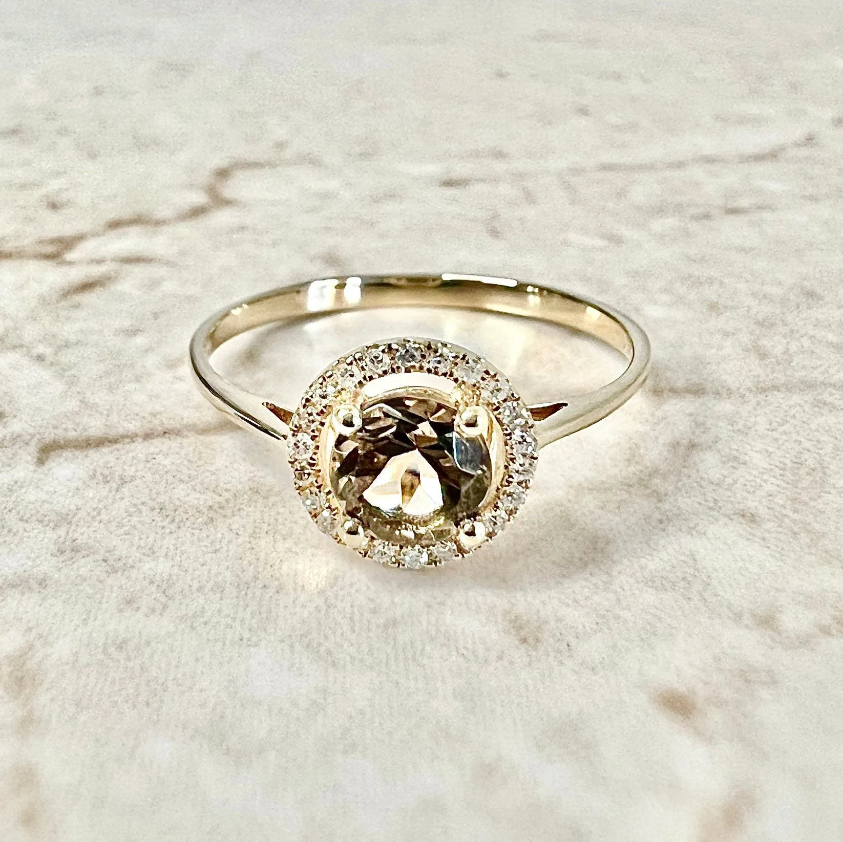 14 Karat Yellow Gold June Birthstone Round Smoky Quartz & Diamond Halo Ring