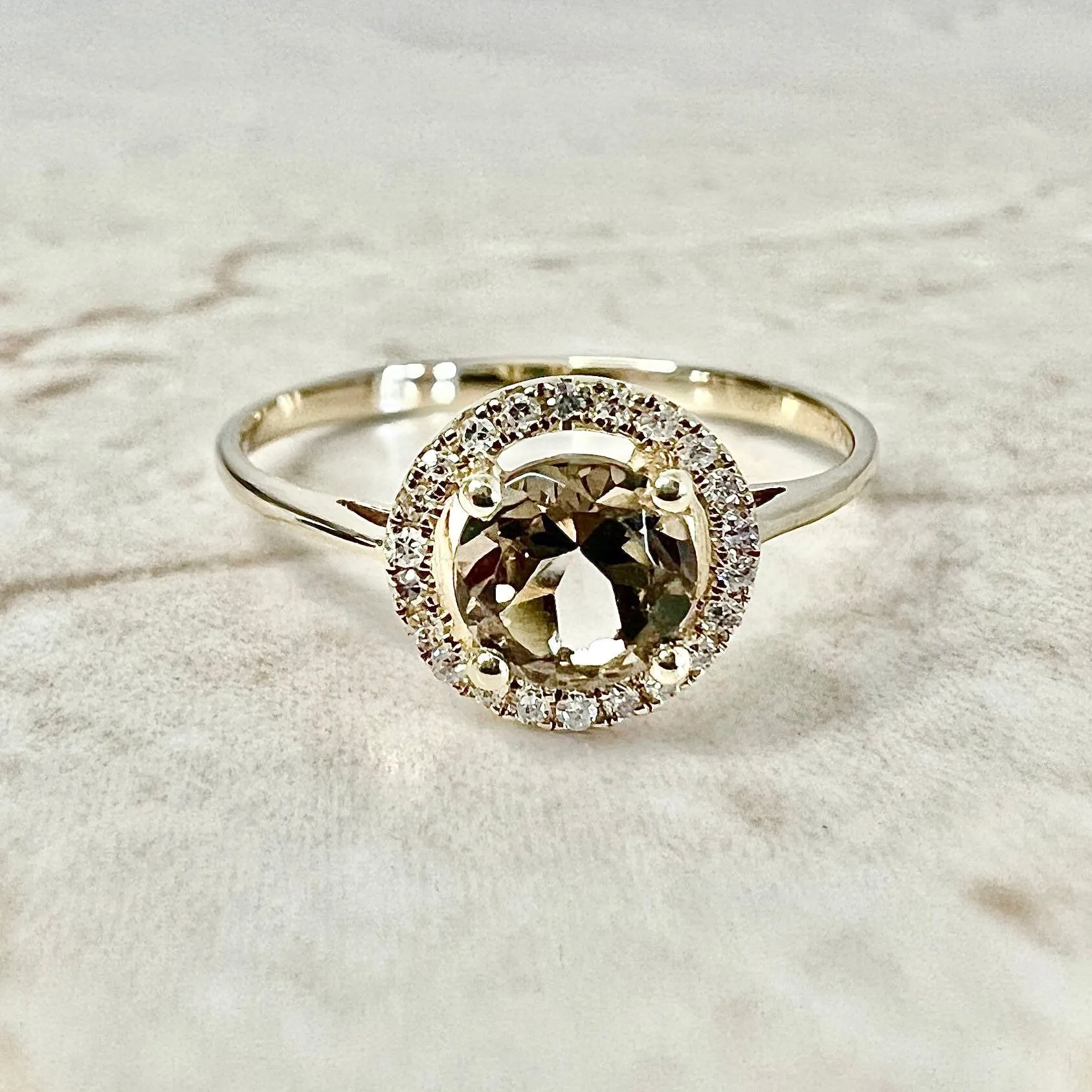 14 Karat Yellow Gold June Birthstone Round Smoky Quartz & Diamond Halo Ring